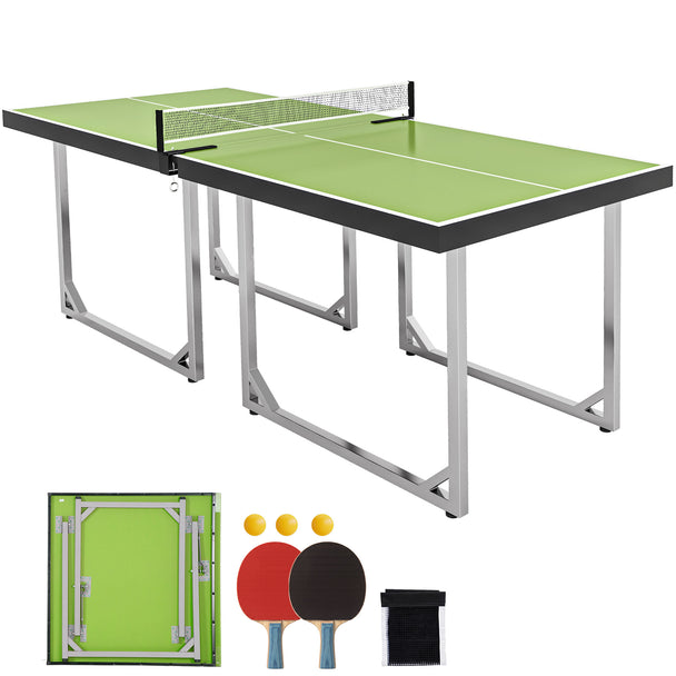 Green 6ft folding table tennis table with net on a silver metal frame
