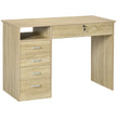Oak-effect 110 cm computer desk with five drawers, lockable under-desk drawer and open side shelf