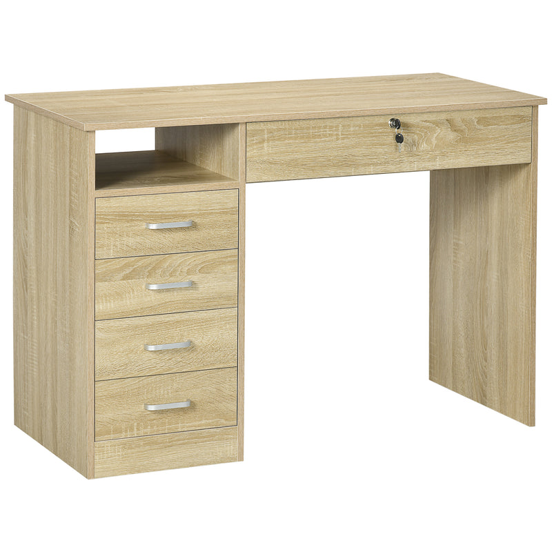 Oak-effect 110 cm computer desk with five drawers, lockable under-desk drawer and open side shelf