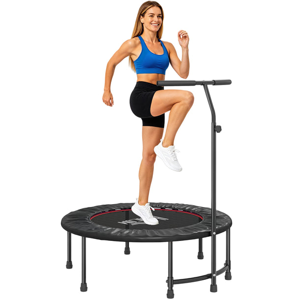 Black 40-inch fitness trampoline with adjustable handlebar and padded edge