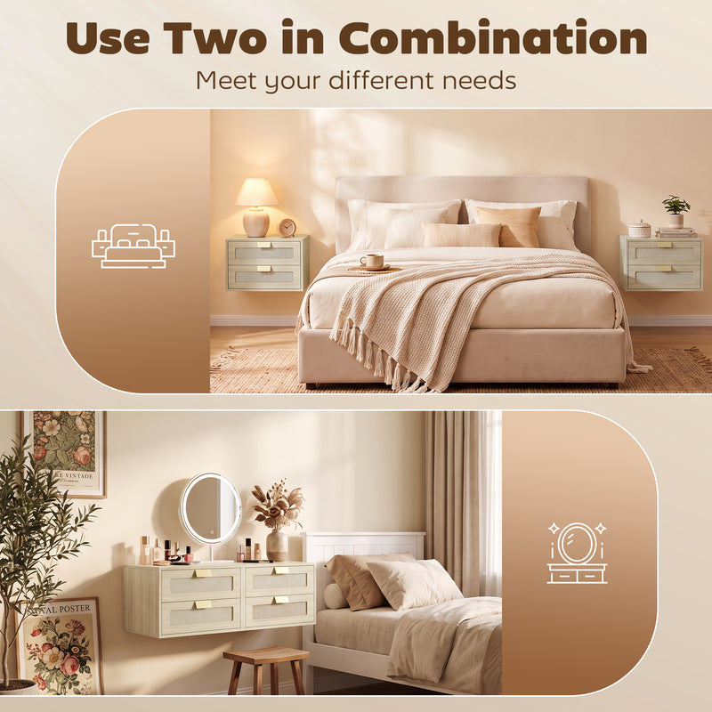 HOMCOM Modern Floating Nightstands Set of 2, Wall Mounted Bedside Tables with 2 Drawers, Oak – view 6