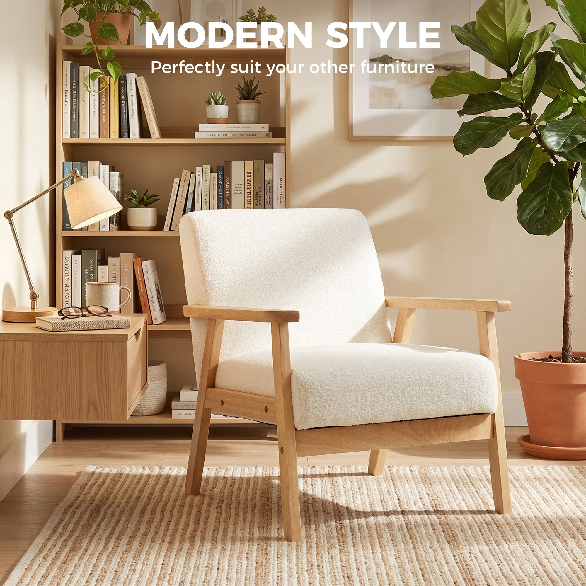 Modern Armchair, Sherpa Fleece Upholstered Accent Chair with Solid Wood Legs and Wide Seat, Cream White