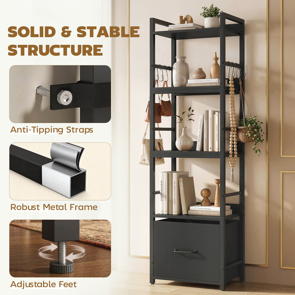 4-Tier Bookshelf, Narrow Bookcase with Drawer, 8 Hooks, Metal Frame, Black