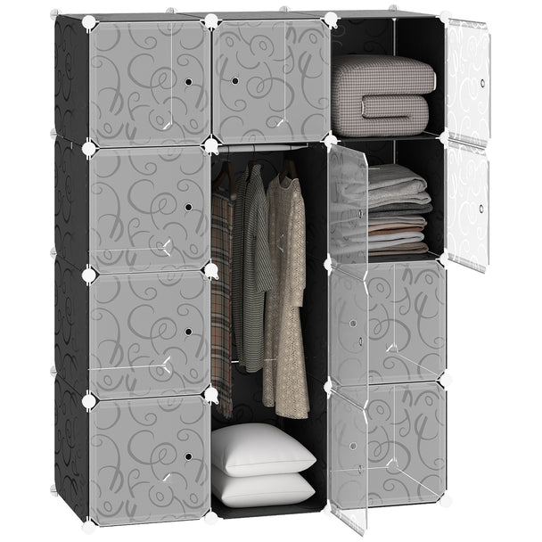 Black and white modular plastic cube wardrobe with two hanging sections and six storage cubes