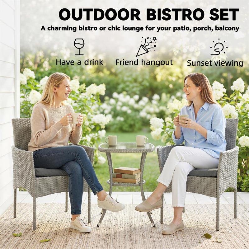 Outsunny 3 Piece Rattan Bistro Set, PE Wicker Garden Furniture Conversation Set with 2 Tier Glass-Top Table, Chairs – view 4