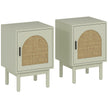 Set of two light green rattan bedside tables with arched woven doors and wooden legs