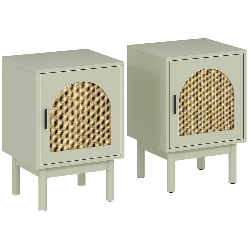 Set of two light green rattan bedside tables with arched woven doors and wooden legs
