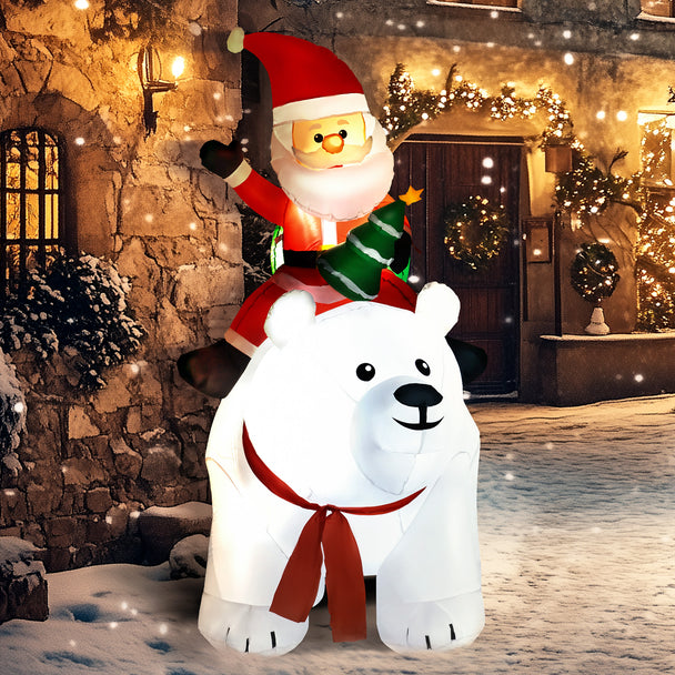 6.6ft Santa on Polar Bear Christmas Inflatable displayed outside a decorated home