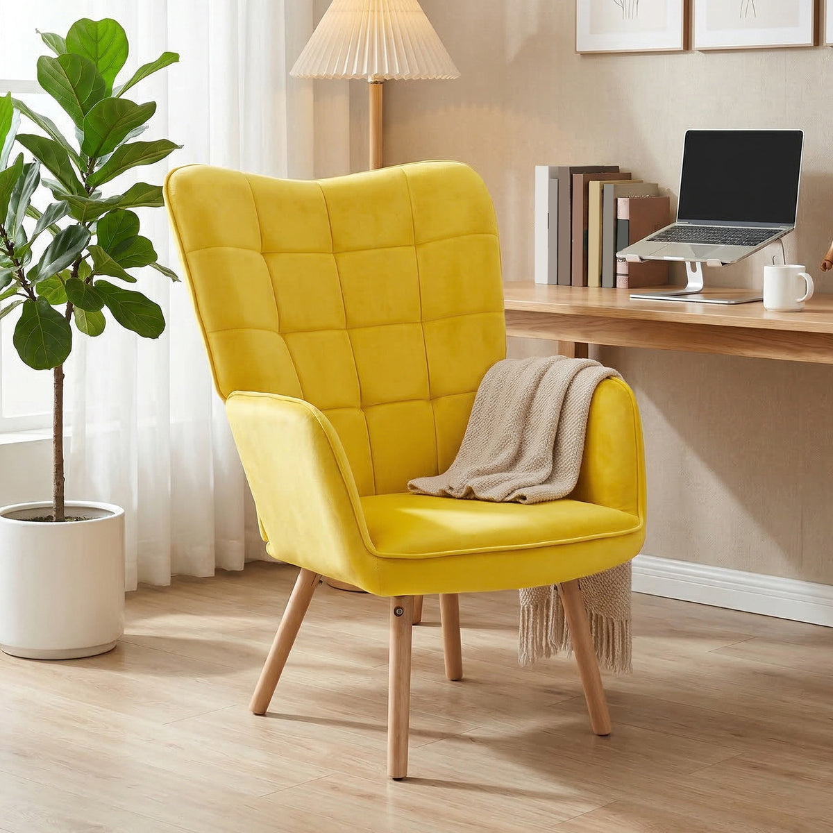 Tufted Velvet-Feel Wingback Accent Chair – Yellow
