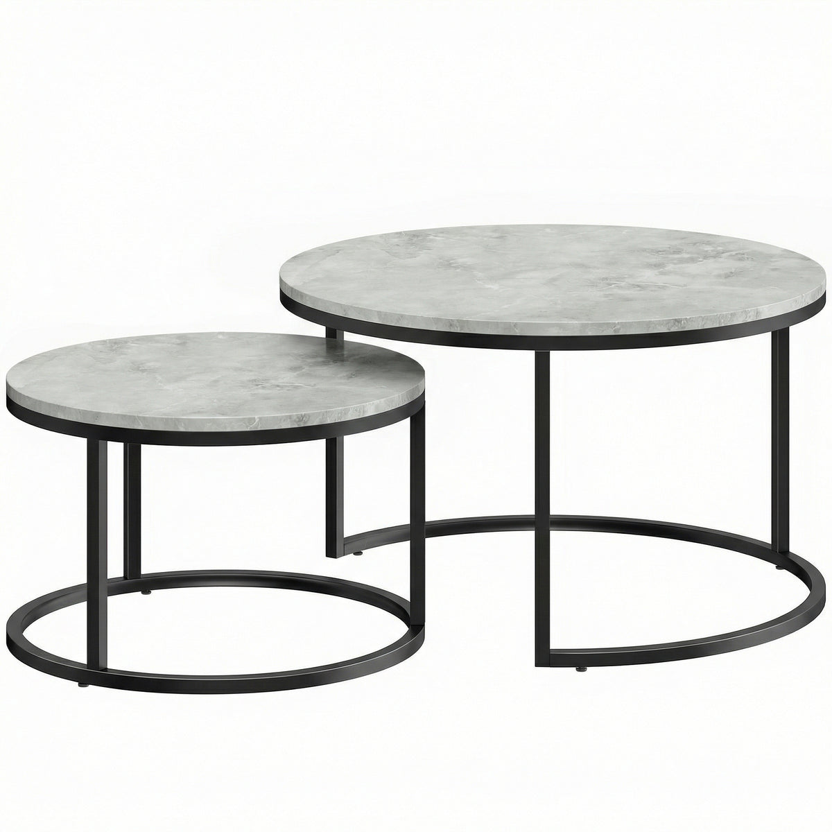 Set of 2 Round Marble-Effect Nesting Coffee Tables – Grey