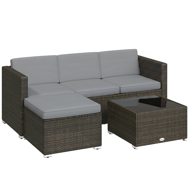 Light grey 3-piece rattan sofa set with three-seater sofa, footstool and glass coffee table