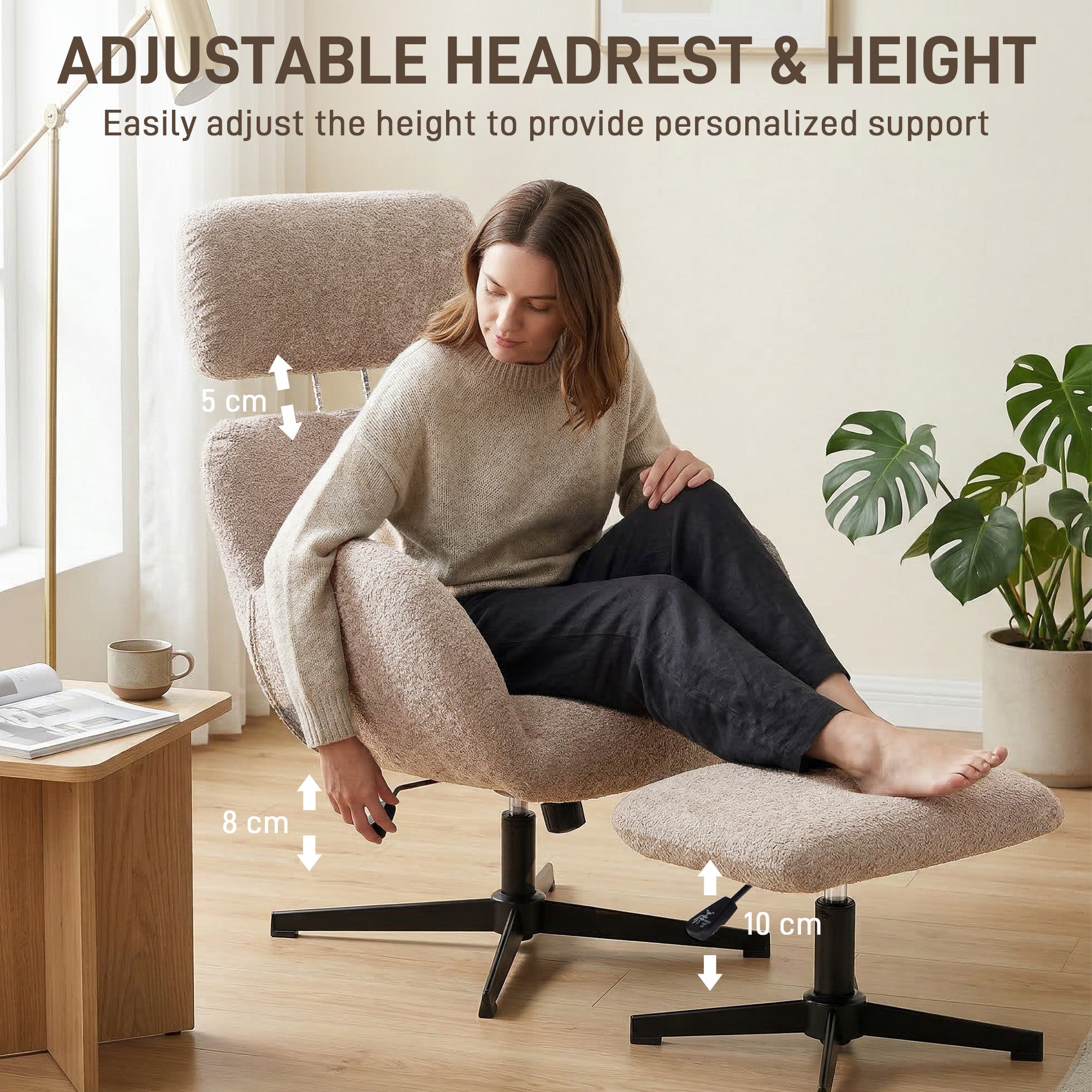 Swivel Armchair and Footstool Set, Height Adjustable Accent Chair with Adjustable Headrest, Rocking Function, Light Brown