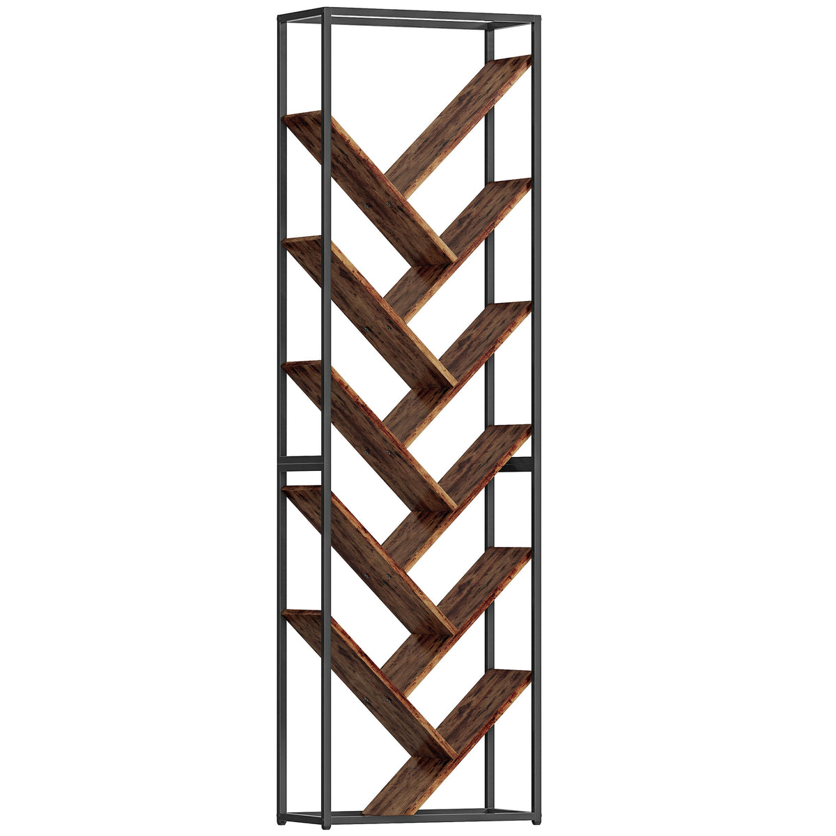 10-Shelf Industrial Tree Bookshelf – Rustic Brown