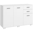 White sideboard with two drawers, small and large cupboards and polished handles