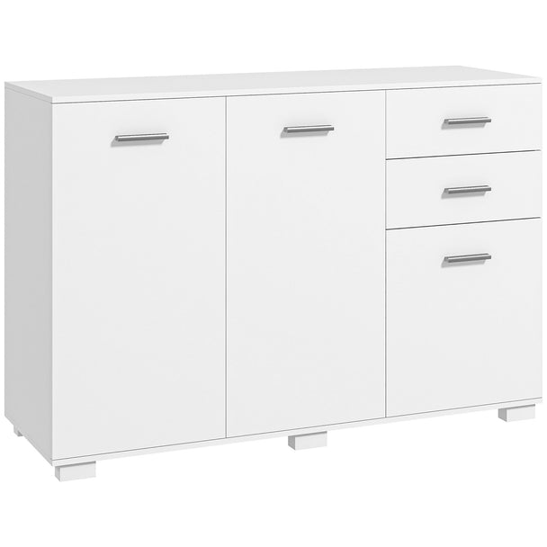 White sideboard with two drawers, small and large cupboards and polished handles