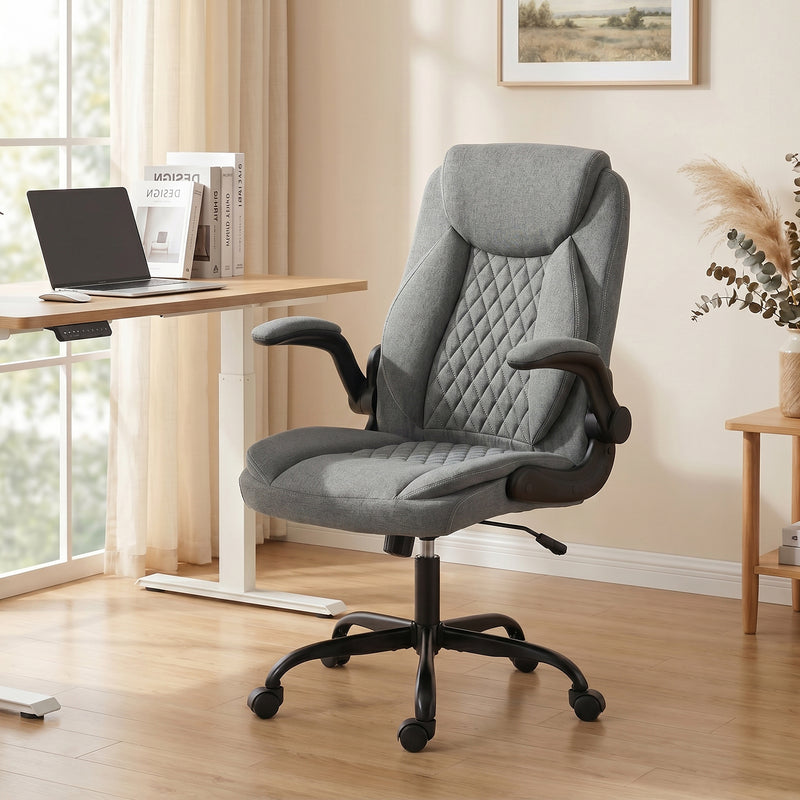 HOMCOM Linen-Look Computer Desk Chair, Executive Office Chair with Flip-Up Armrests and Thick Cushion, Grey – view 9