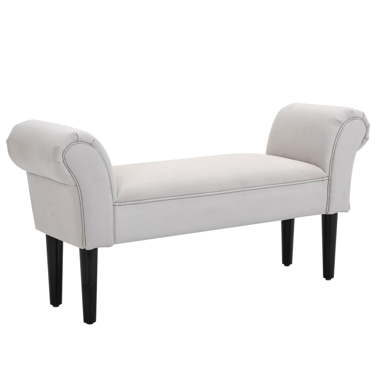 102 cm Upholstered Bench with Rolled Arms & Wooden Legs – Greyish White
