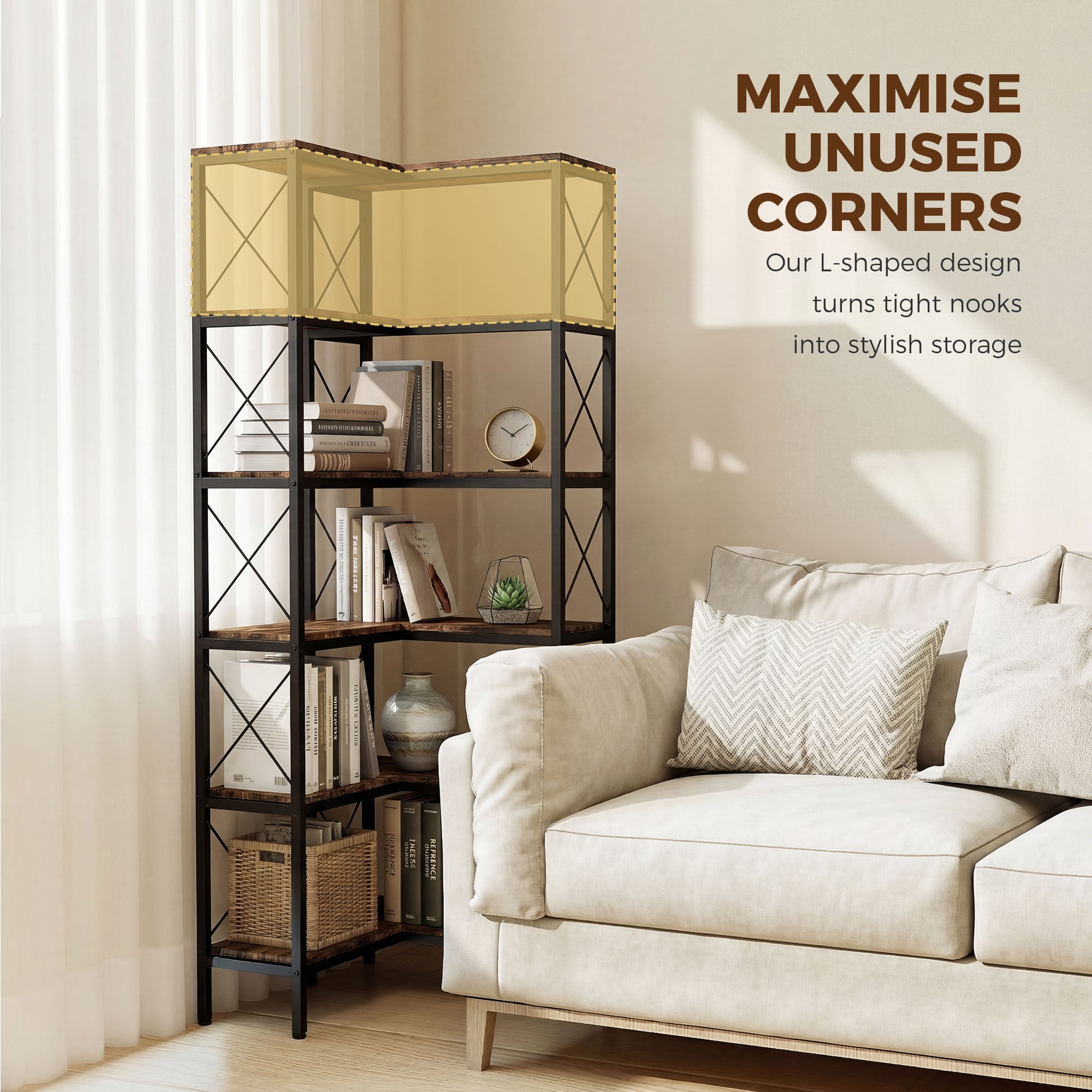5-Tier L-Shaped Bookshelf, Freestanding Corner Bookcase with Metal Frame, Rustic Brown