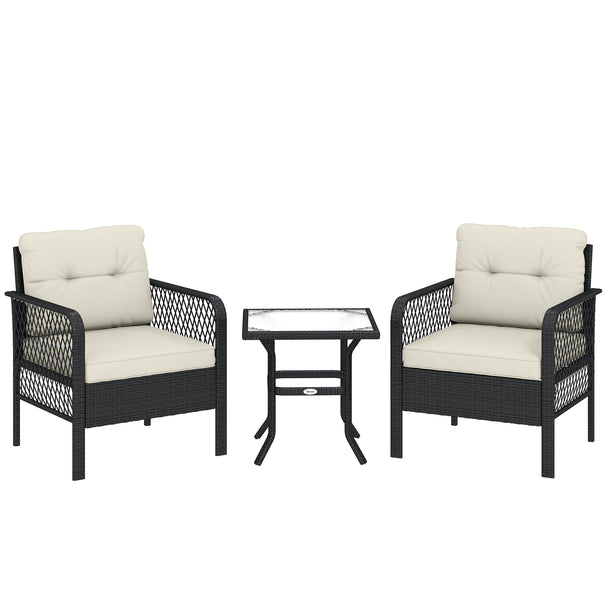 3-piece cream PE rattan bistro set with two wide armchairs, thick cushions and a square glass top coffee table