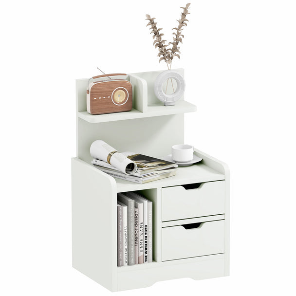 Small white bedside table with two drawers and open cubby shelves