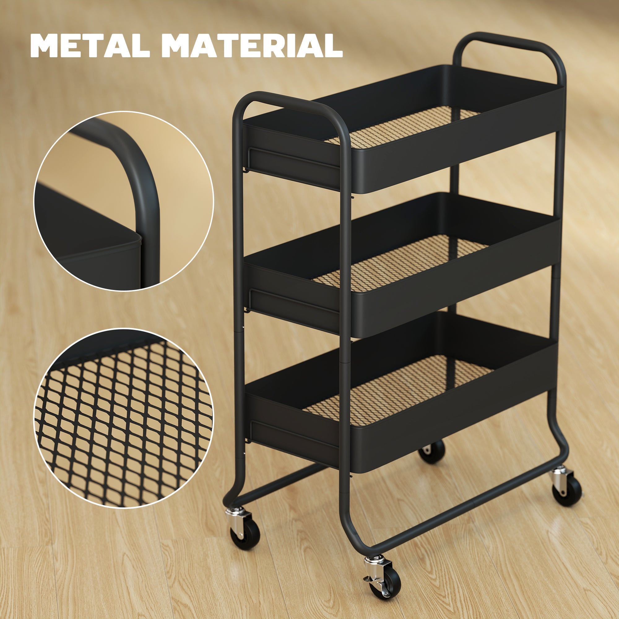 HOMCOM 3-Tier Storage Trolley on Wheels with Mesh Baskets - Black