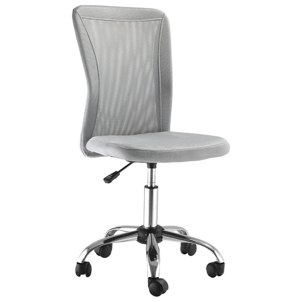 Grey armless desk chair with curved mesh back, padded seat and chrome five-wheel swivel base