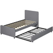 Dark grey upholstered 3ft single bed frame with padded headboard and pull-out trundle