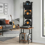 Vinyl Record Player Stand Record Storage with Player Stand Oxford Fabric Pockets Bottom Shelf Rustic Brown and Black