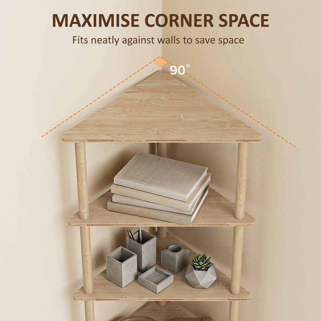 Bamboo Storage Shelf, 5-tier Corner Shelf, Freestanding Shelving Unit for Living Room, Home Office, Natural Wood Finish
