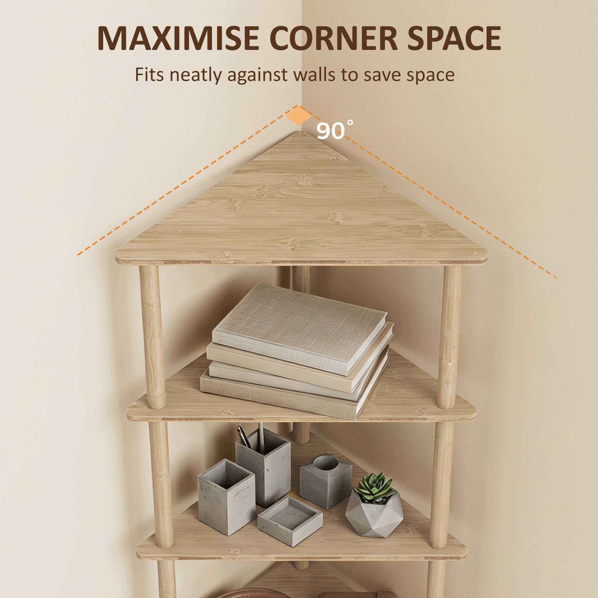 Bamboo Storage Shelf, 5-tier Corner Shelf, Freestanding Shelving Unit for Living Room, Home Office, Natural Wood Finish