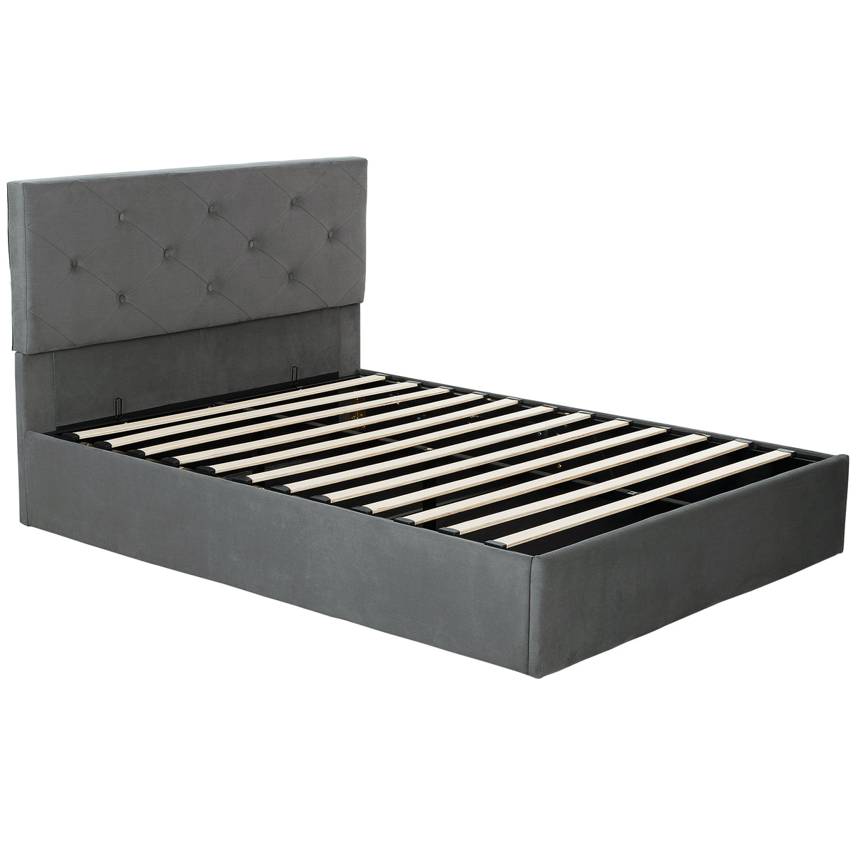 Dark grey velvet king size ottoman bed with diamond-tufted headboard