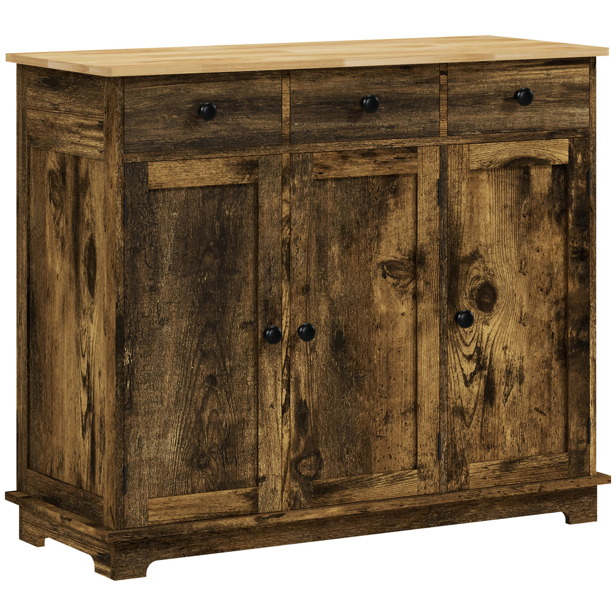 Rustic brown sideboard with three drawers, three cupboards and solid rubberwood top