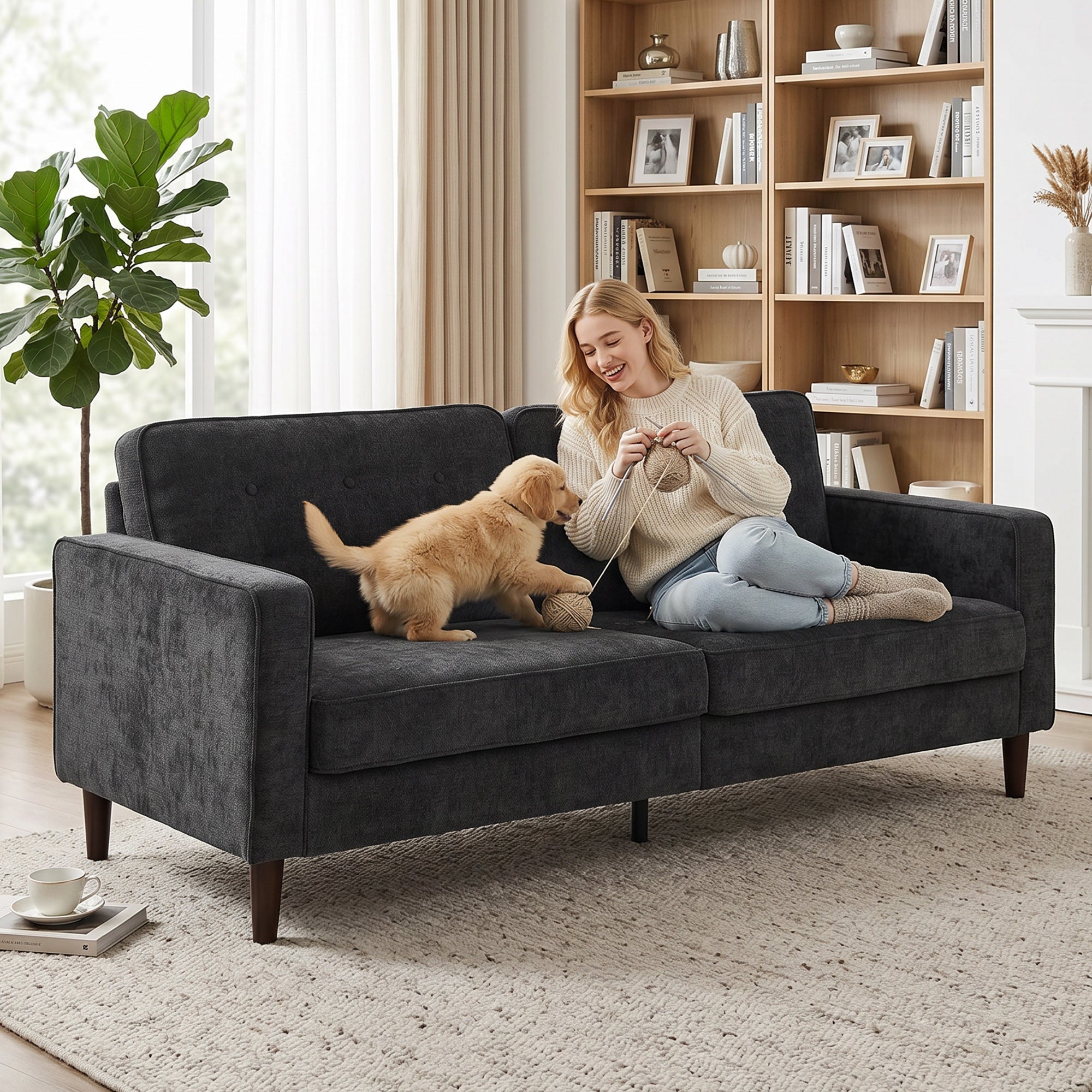 3 Seater Sofa Button Tufted Upholstered Couch with Wood Legs for Living Room, Dark Grey