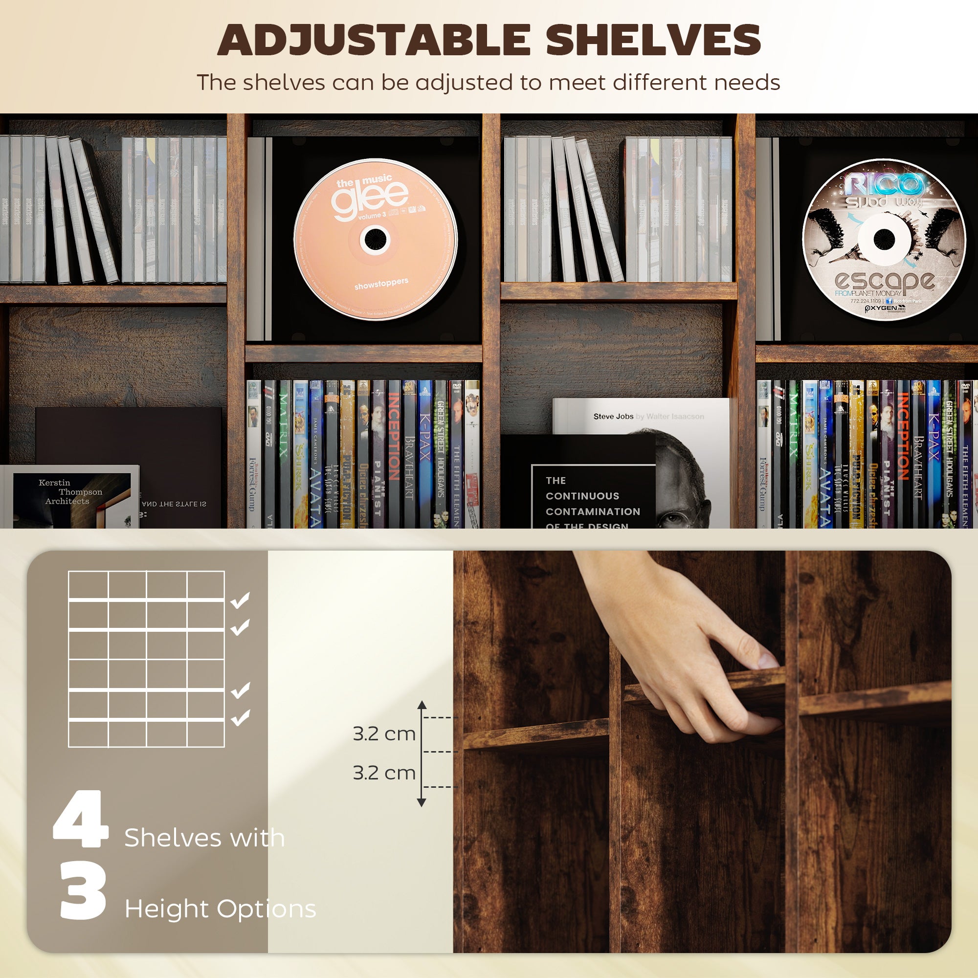CD Storage Unit with Adjustable Shelves, 89 x 130.5 cm, Rustic Brown