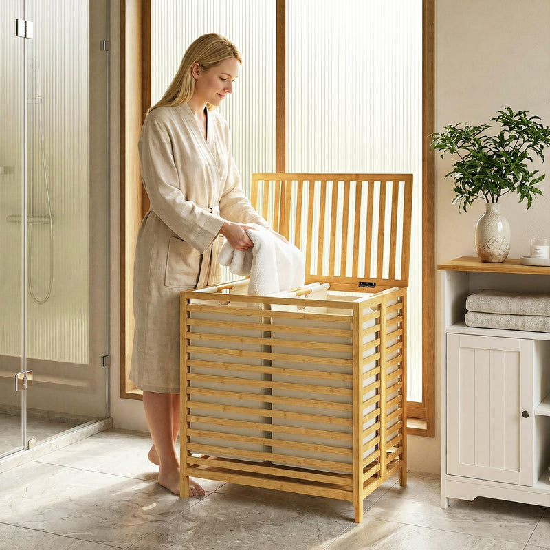 HOMCOM Bamboo Laundry Basket with Lid, 2 Baskets, Foldable, 64L, Natural and Cream White – view 10