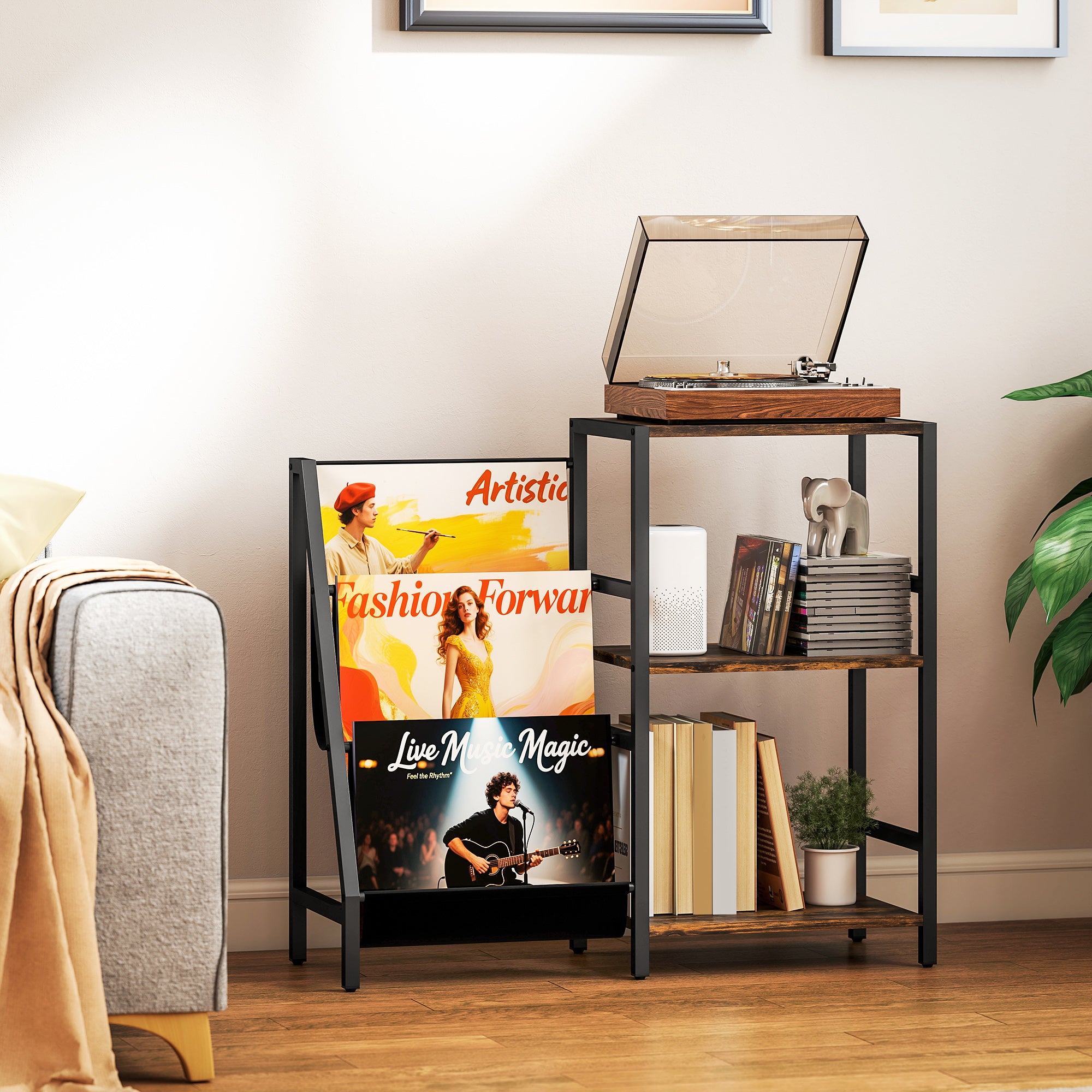 3-Tier Record Player Stand, End Table for Living Room, Bedroom - Rustic Brown