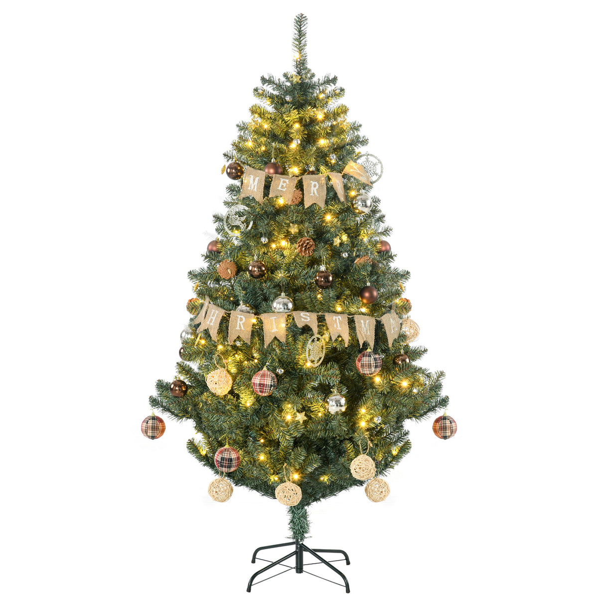 6ft pre-lit green Christmas tree with warm white lights, baubles and a Merry Christmas banner