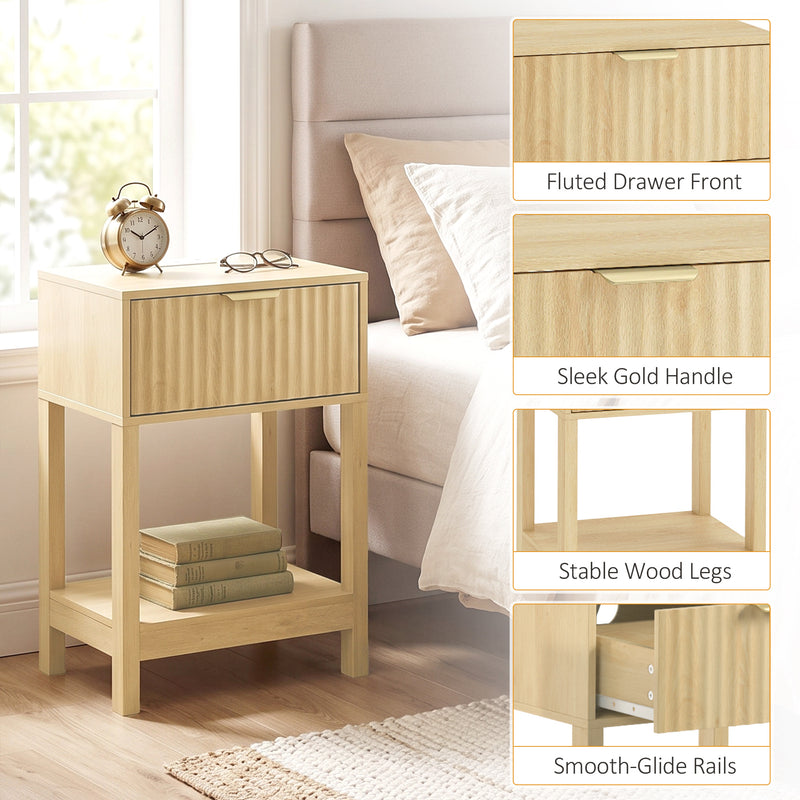 HOMCOM Modern Fluted Nightstand Set of 2, Bedside Table with Charging Station, Drawer and Open Shelf for Bedroom, Oak – view 7