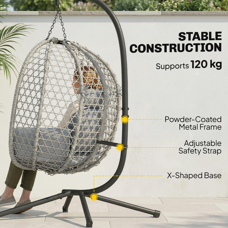 Outsunny Hanging Egg Chair, Indoor Outdoor Rattan Hammock Swing Chair with Stand, Safety Strap, Foldable Basket, Light – view 4