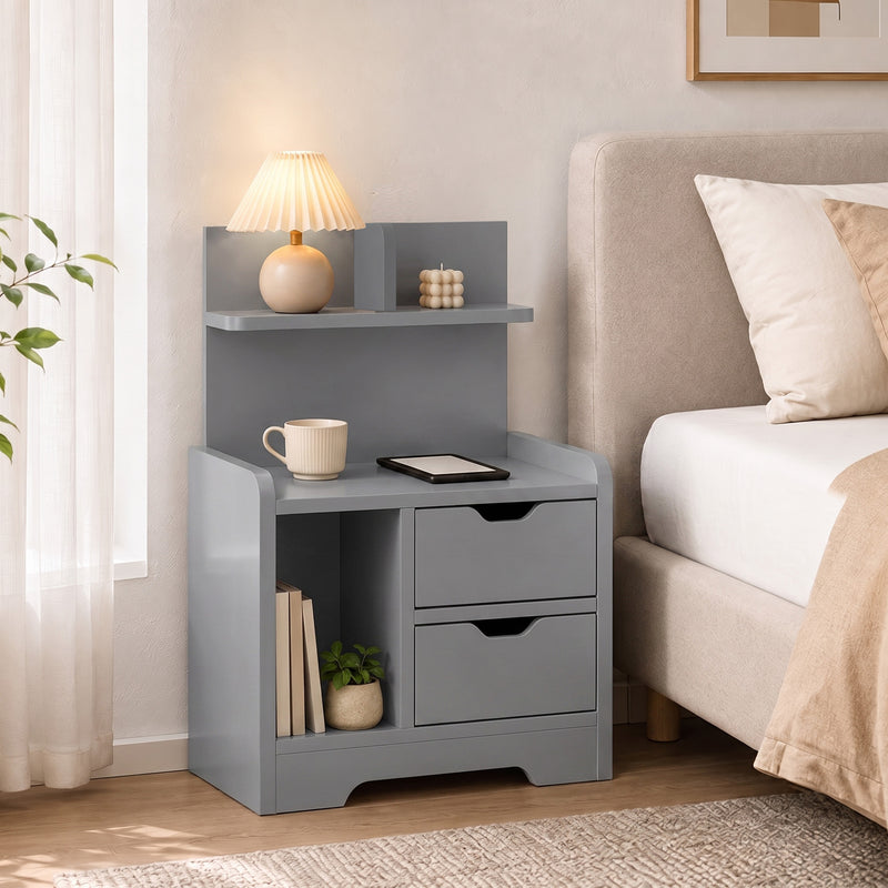 HOMCOM Bedside Table, Small Bedside Cabinet with 2 Drawers and Storage Shelves, Modern Nightstand for Bedroom, Grey – view 8