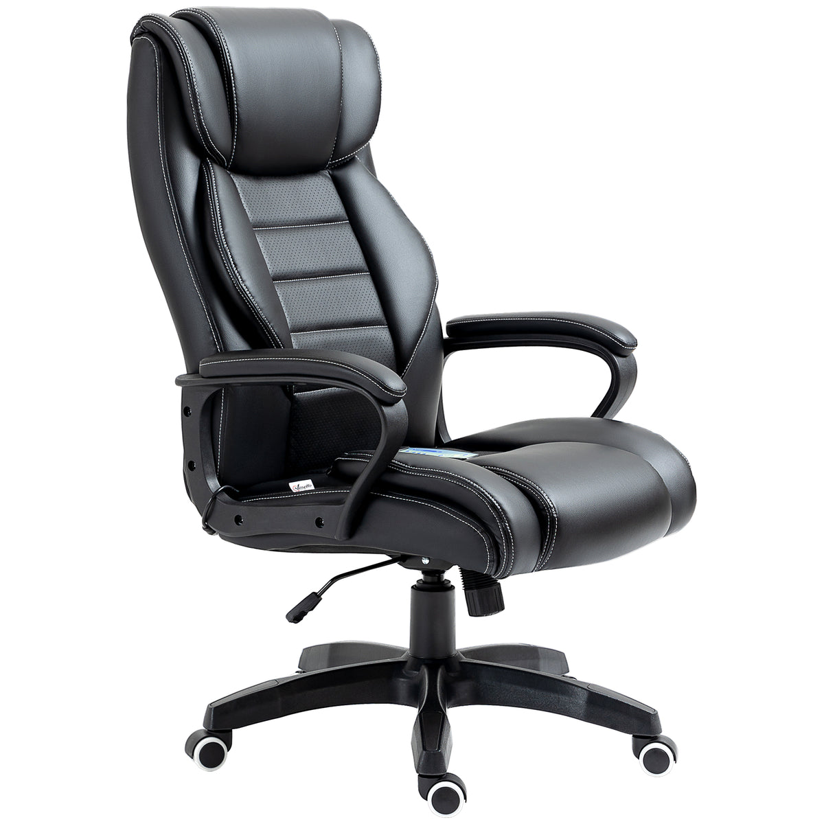 Black PU leather massage office chair with padded armrests, high back and five-wheel base