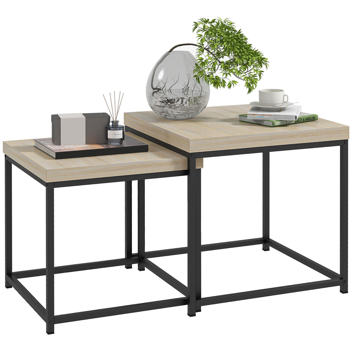 Set of 2 Square Nesting Tables with Steel Frames – Oak