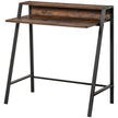 Rustic brown writing desk with raised back storage shelf on a black steel frame
