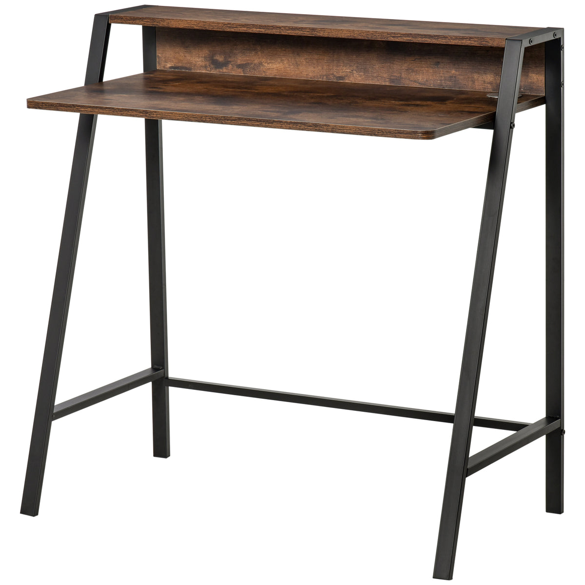 Rustic brown writing desk with raised back storage shelf on a black steel frame