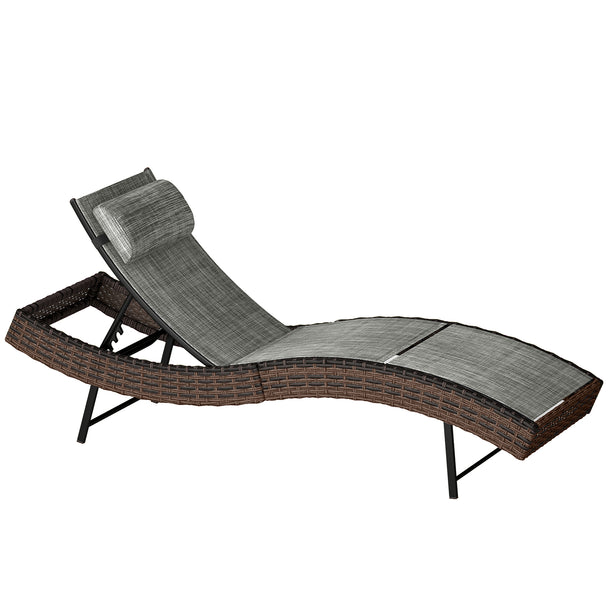 Brown rattan sun lounger with S-shaped breathable textilene seat, adjustable back and headrest
