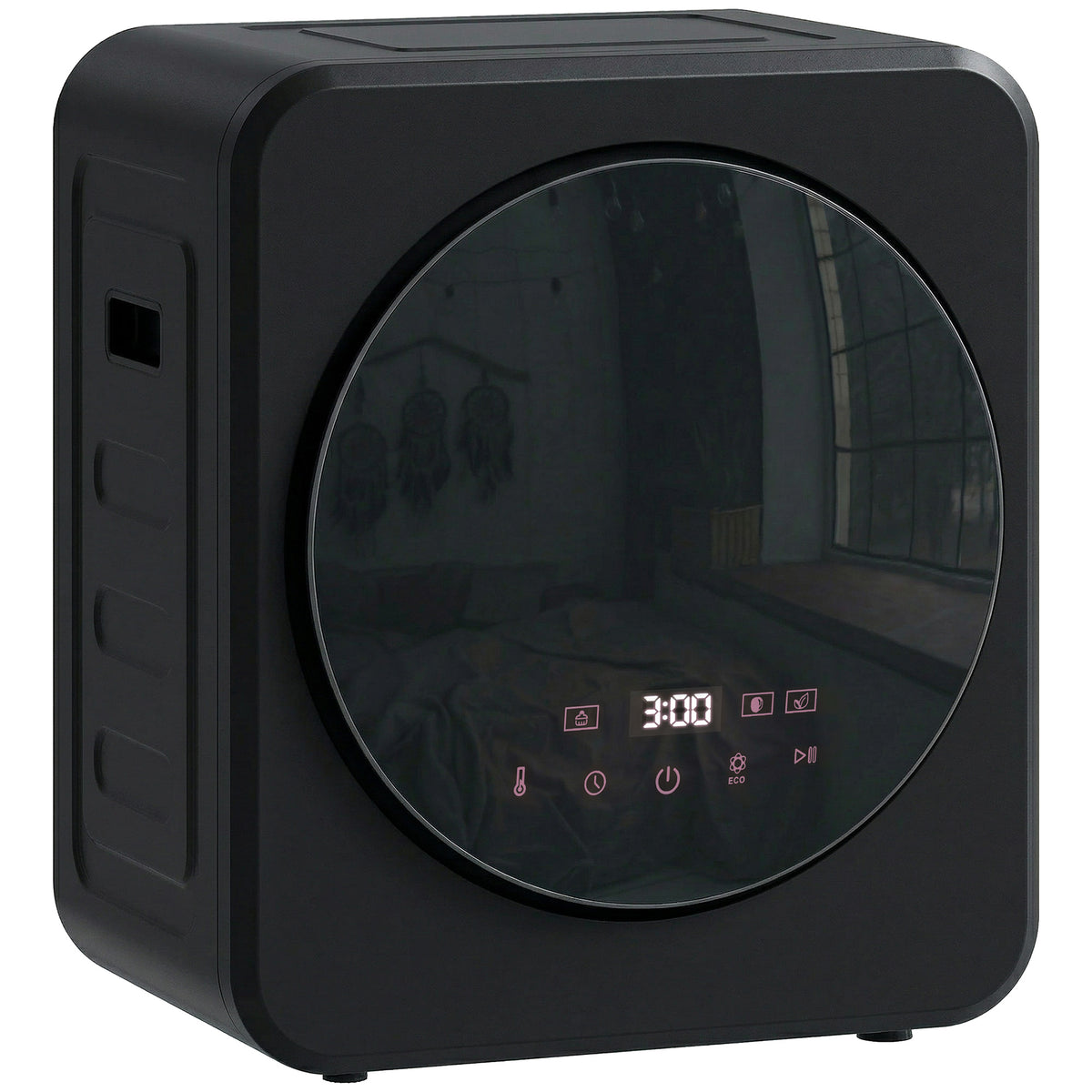 Black 4 kg compact vented tumble dryer with stainless steel drum and touchscreen controls