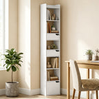Bookcase Tall Narrow with 5 Tiers and Drawers Freestanding Bookshelf Storage Cabinet for Living Room White Wood Effect
