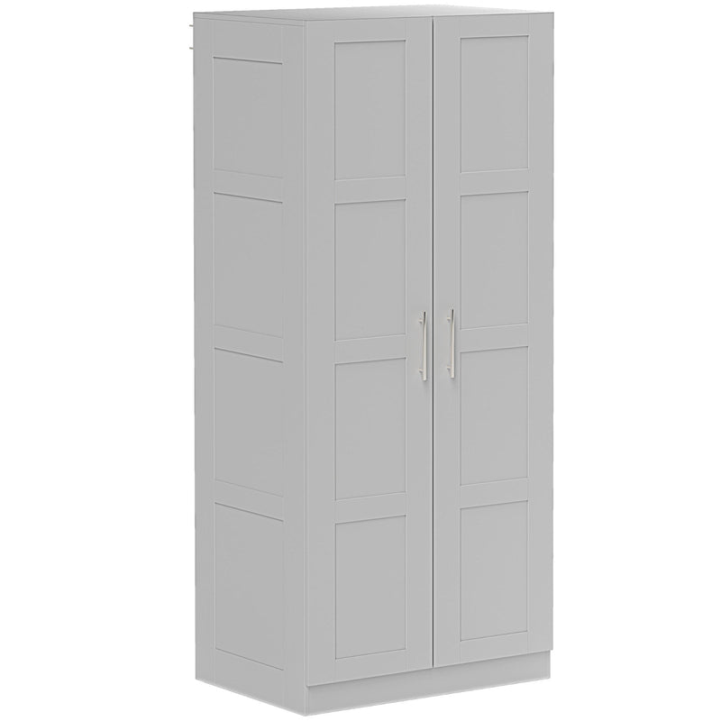 Grey double wardrobe with panel doors and silver-tone handles