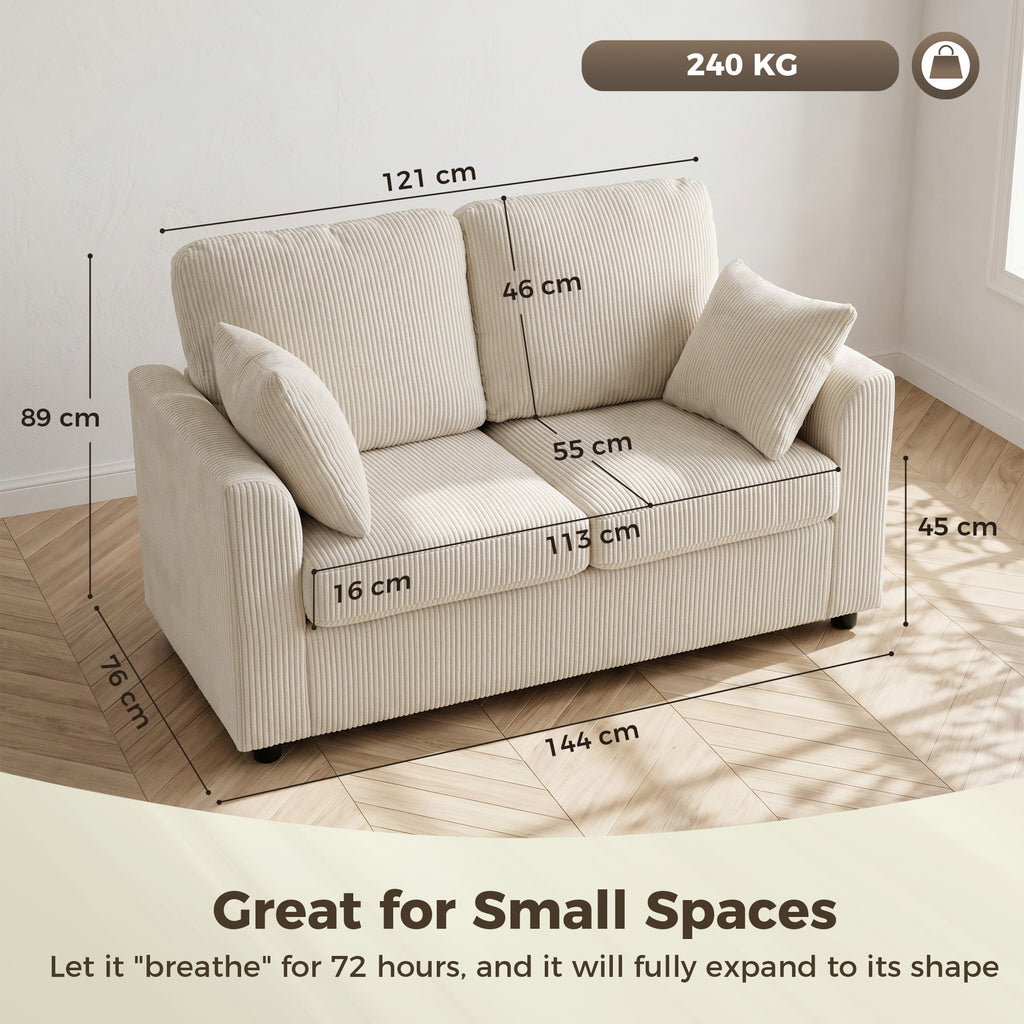 2 Seater Sofa, Corduroy Small Couch with Spring Cushion, Wide and Deep Seat, Beige