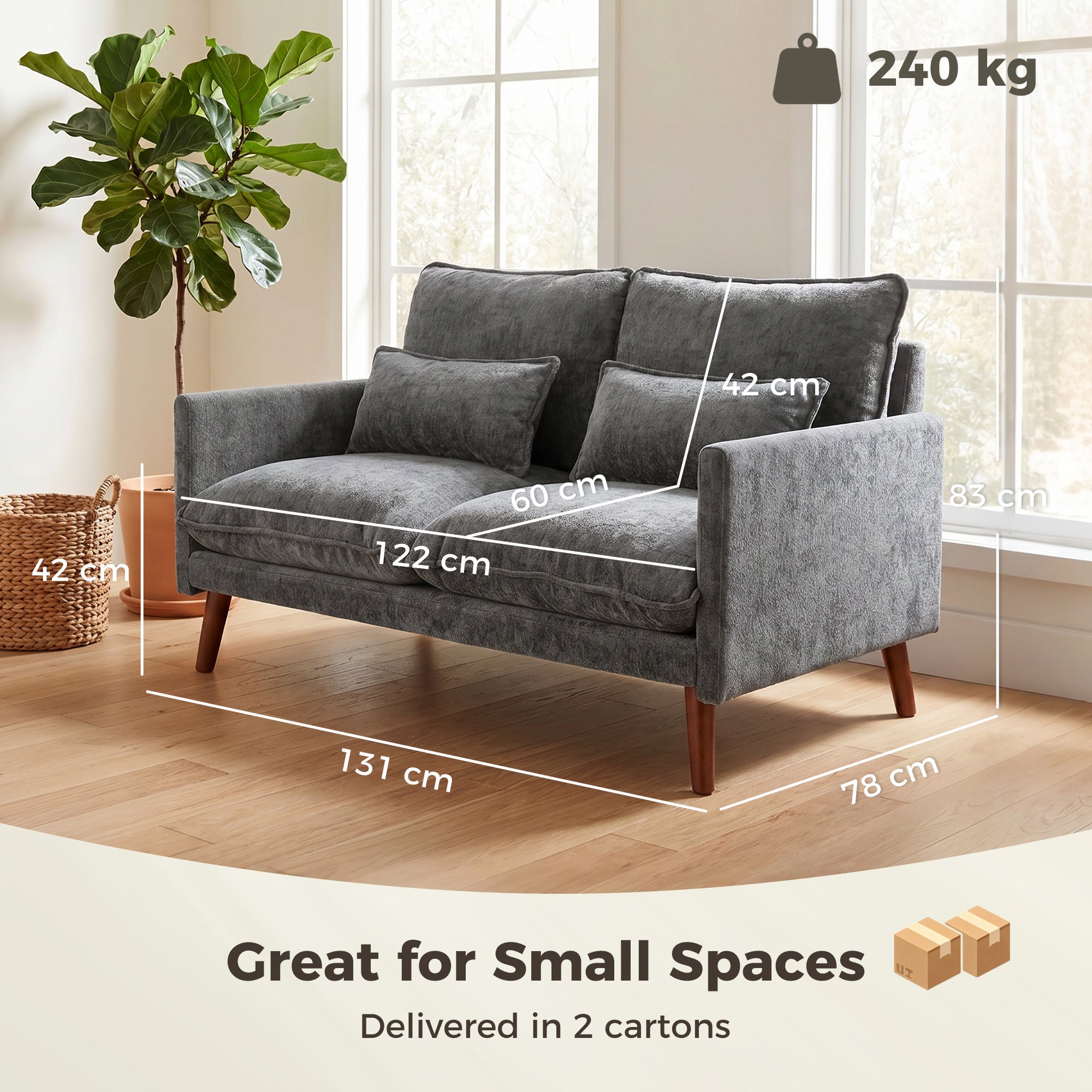 2 Seater Sofa, Loveseat Sofa with Spring Cushions, Wide and Deep Seat, Wood Legs, Grey